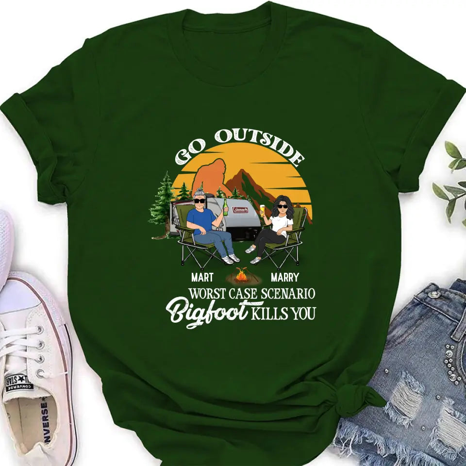 Personalized Couple Camping Shirt/Pullover Hoodie/Long sleeve/Sweatshirt - Gift Idea For Camping Lover - Go Outside Worst Case Scenario Bigfoot Kills You