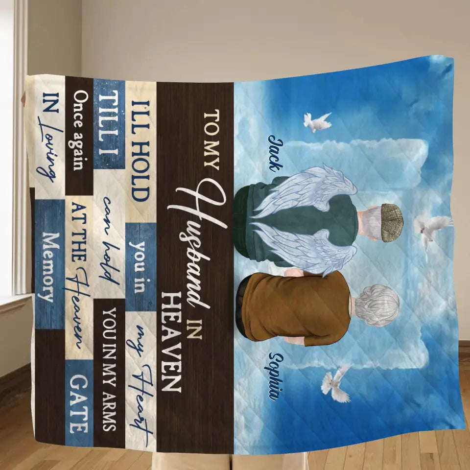 Personalized Couple Quilt/Fleece Throw Blanket - Memorial Gift Idea For Couple - To My Husband In Heaven I'll Hold You In My Heart