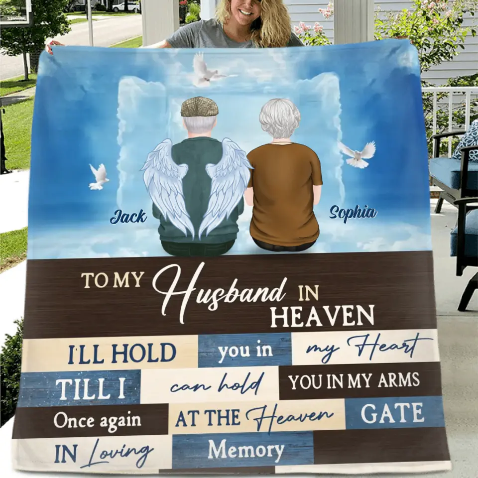 Personalized Couple Quilt/Fleece Throw Blanket - Memorial Gift Idea For Couple - To My Husband In Heaven I'll Hold You In My Heart