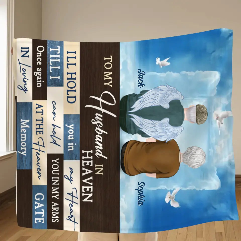 Personalized Couple Quilt/Fleece Throw Blanket - Memorial Gift Idea For Couple - To My Husband In Heaven I'll Hold You In My Heart
