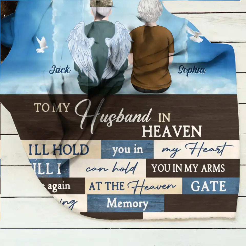 Personalized Couple Quilt/Fleece Throw Blanket - Memorial Gift Idea For Couple - To My Husband In Heaven I'll Hold You In My Heart