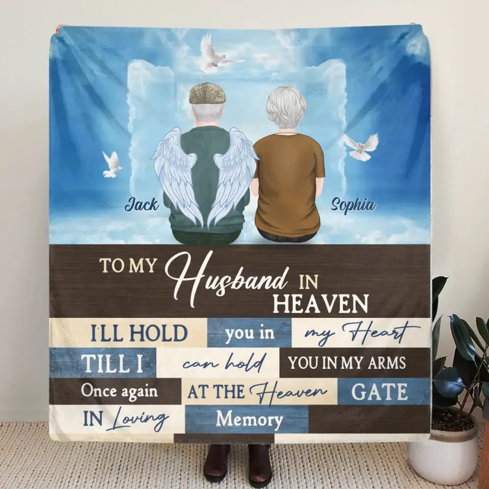 Personalized Couple Quilt/Fleece Throw Blanket - Memorial Gift Idea For Couple - To My Husband In Heaven I'll Hold You In My Heart