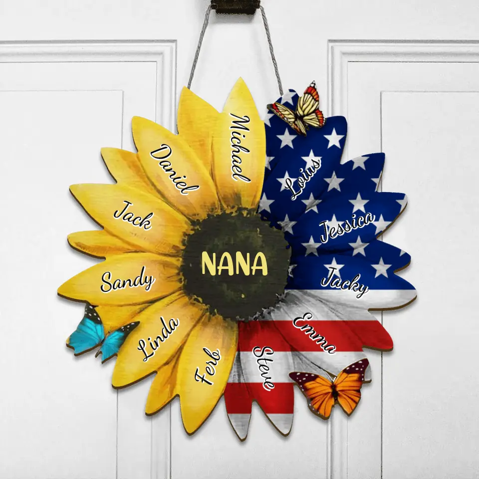 Personalized Sunflower Door Sign - Up to 12 People - Independence Day Gift For Family