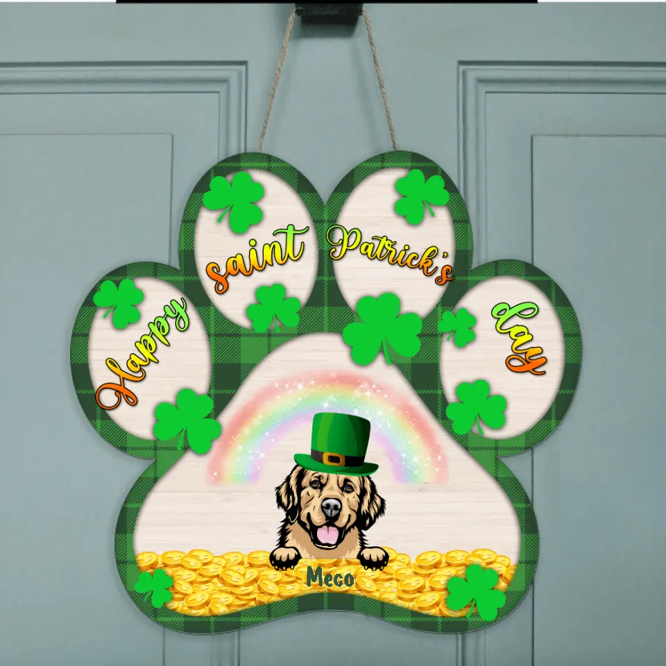Personalized Dog Door Sign - Up to 5 Dogs - St. Patrick's Day Gift Idea For Dogs Lover - Happy Saint Patrick's Day