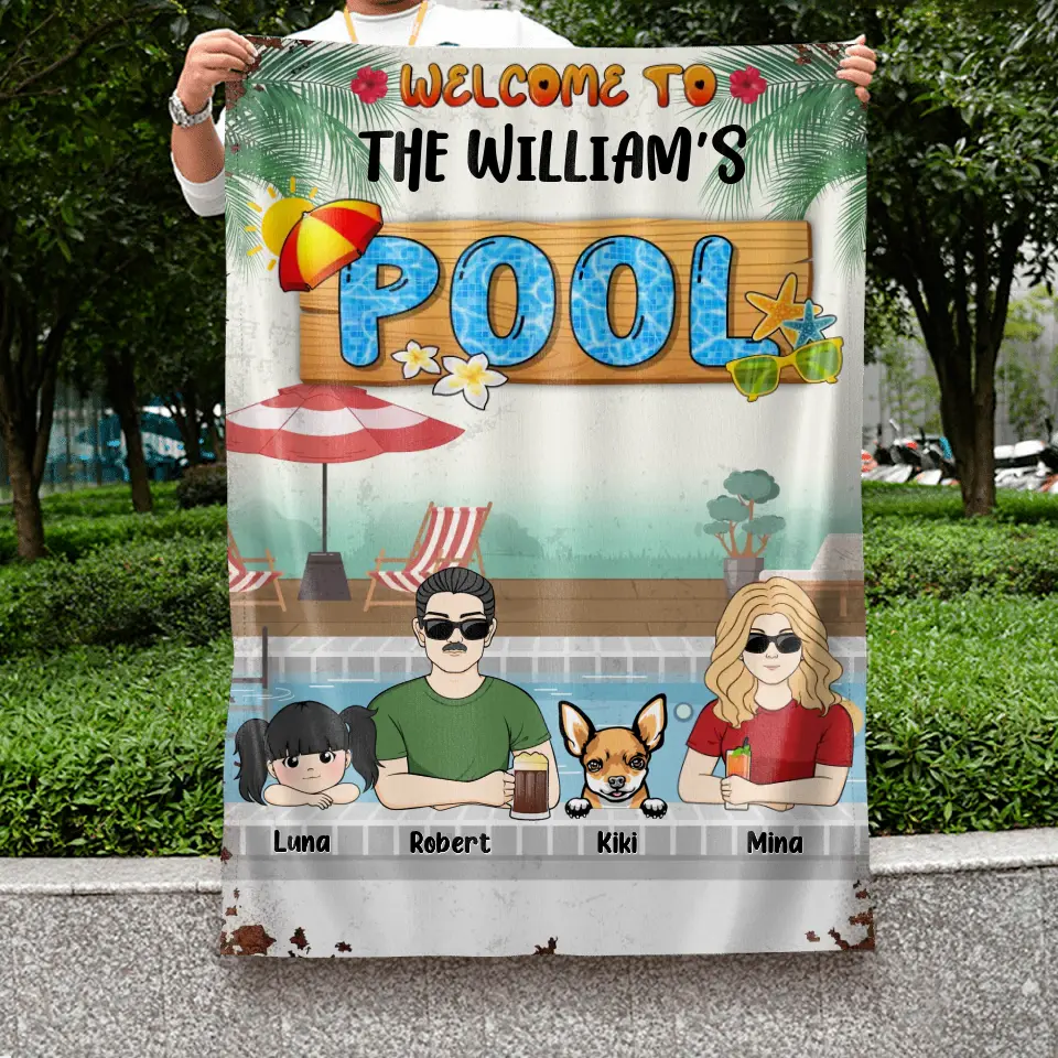 Personalized Family Flag Sign - Gift Idea For Family/Dog Lover - Up to 4 Kids - Welcome To The William's Pool