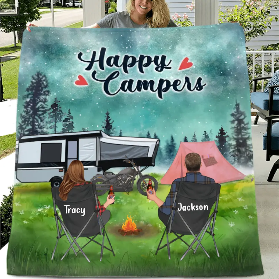 Personalized Camping Fleece Throw Blanket/Quilt - Gift Idea For Couple, Camping Lovers - Happy Campers