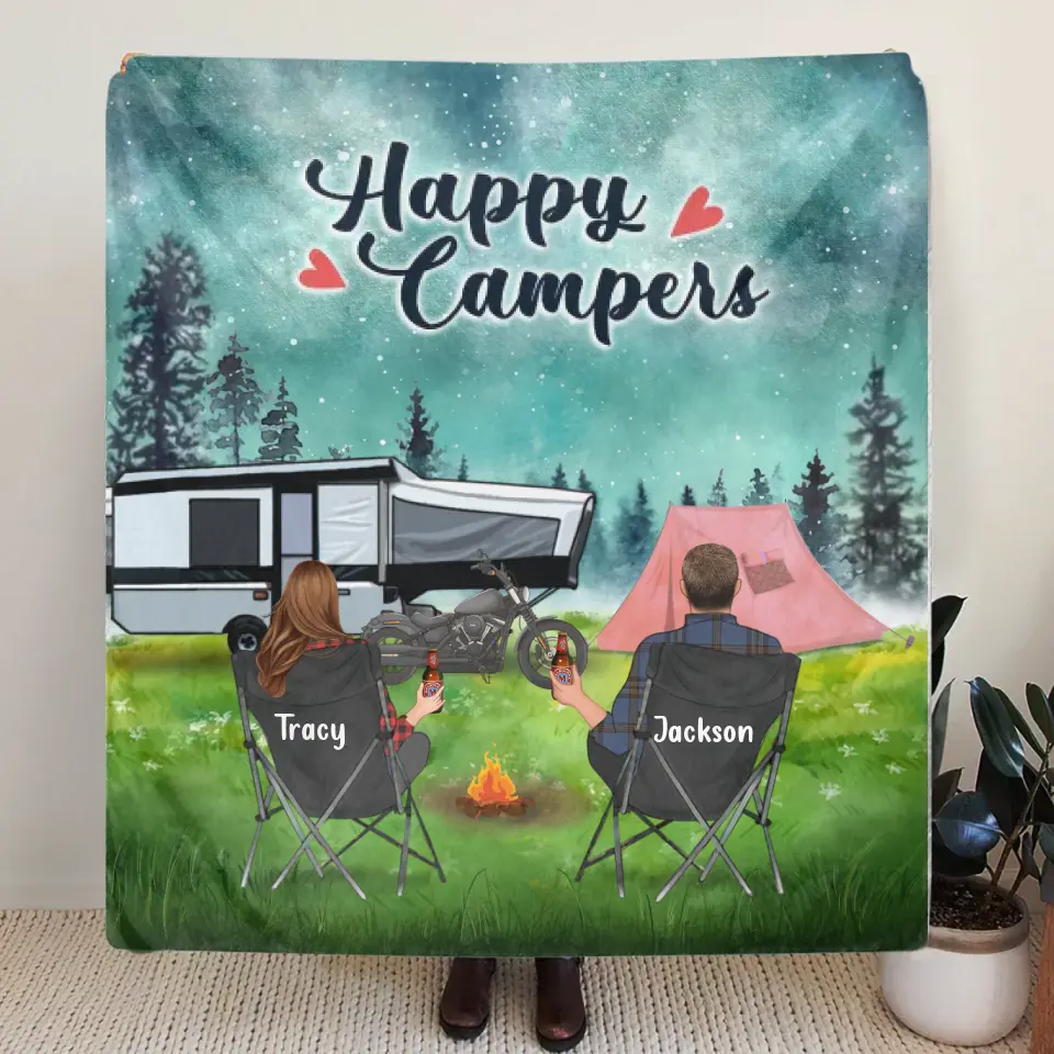 Personalized Camping Fleece Throw Blanket/Quilt - Gift Idea For Couple, Camping Lovers - Happy Campers