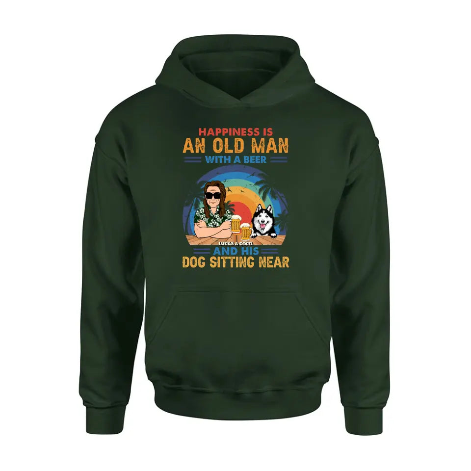Personalized Dog Shirt/Hoodie - Gift Idea For Dog Lovers - Happiness Is An Old Man With A Beer And His Dog Sitting Near