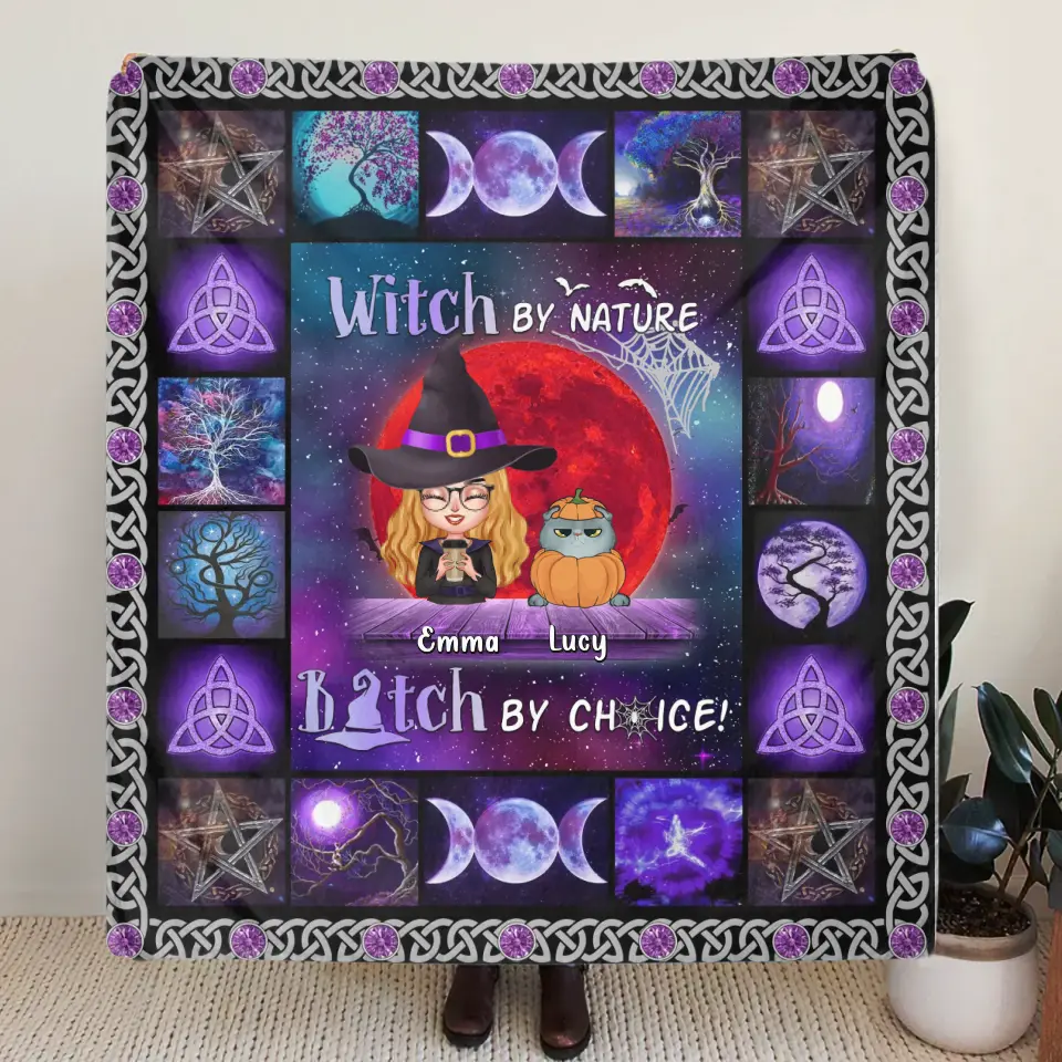 Personalized Witch Quilt/Fleece Throw Blanket - Up to 6 Cats/Dogs - Halloween Gift Idea For Cat/Dog Lovers - Witch By Nature Bitch By Choice