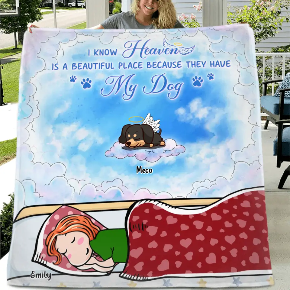 Personalized Pet Fleece Throw Blanket/Quilt/Pillow Cover - Adult/Couple With Up to 6 Pets - Memorial Gift Idea for Dog/Cat Owners - I Know Heaven Is A Beautiful Place Because They Have My Dog