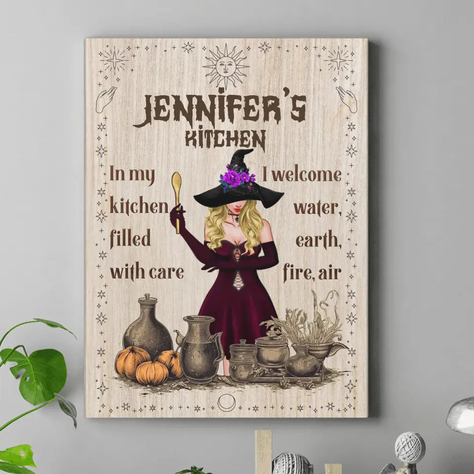 Personalized Witch Vertical Canvas - Gift Idea For Halloween/ Witch/ Pagan Decor - In My Kitchen Filled With Care I Welcome Water, Earth, Fire, Air