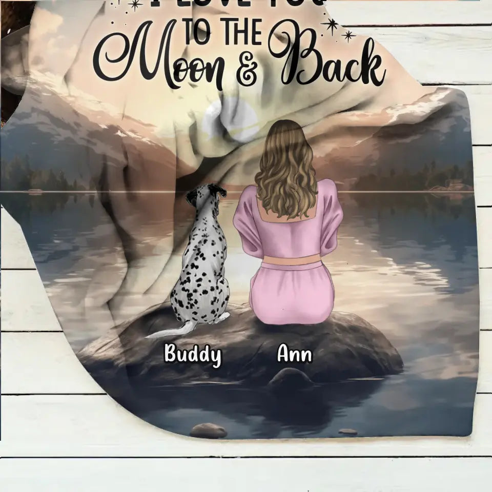 Personalized Dog Mom Fleece Throw Blanket/Quilt - Up to 6 Dogs - Gift Idea for Dog Lovers - I Love You To The Moon & Back