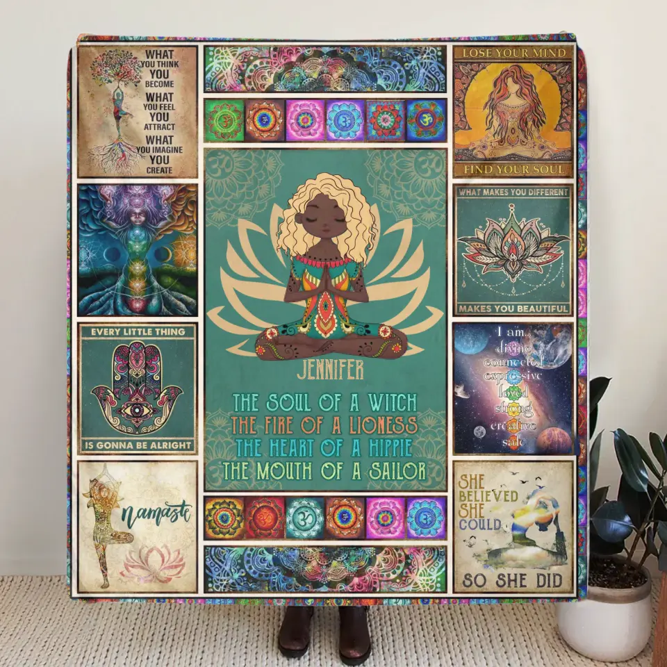 Personalized Yoga Quilt/Fleece Throw Blanket - The Soul Of A Witch, The Fire Of A Lioness - Gift Idea For Friend/Birthday/Yoga Lover