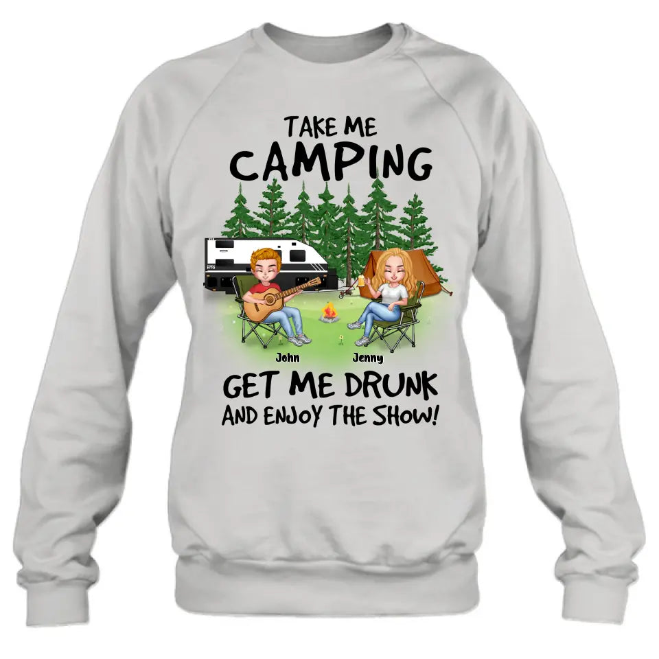 Personalized Camping Guitar Shirt/Hoodie - Up to 6 People - Gift Idea for Camping Lovers - Take Me Camping Get Me Drunk And Enjoy The Show!
