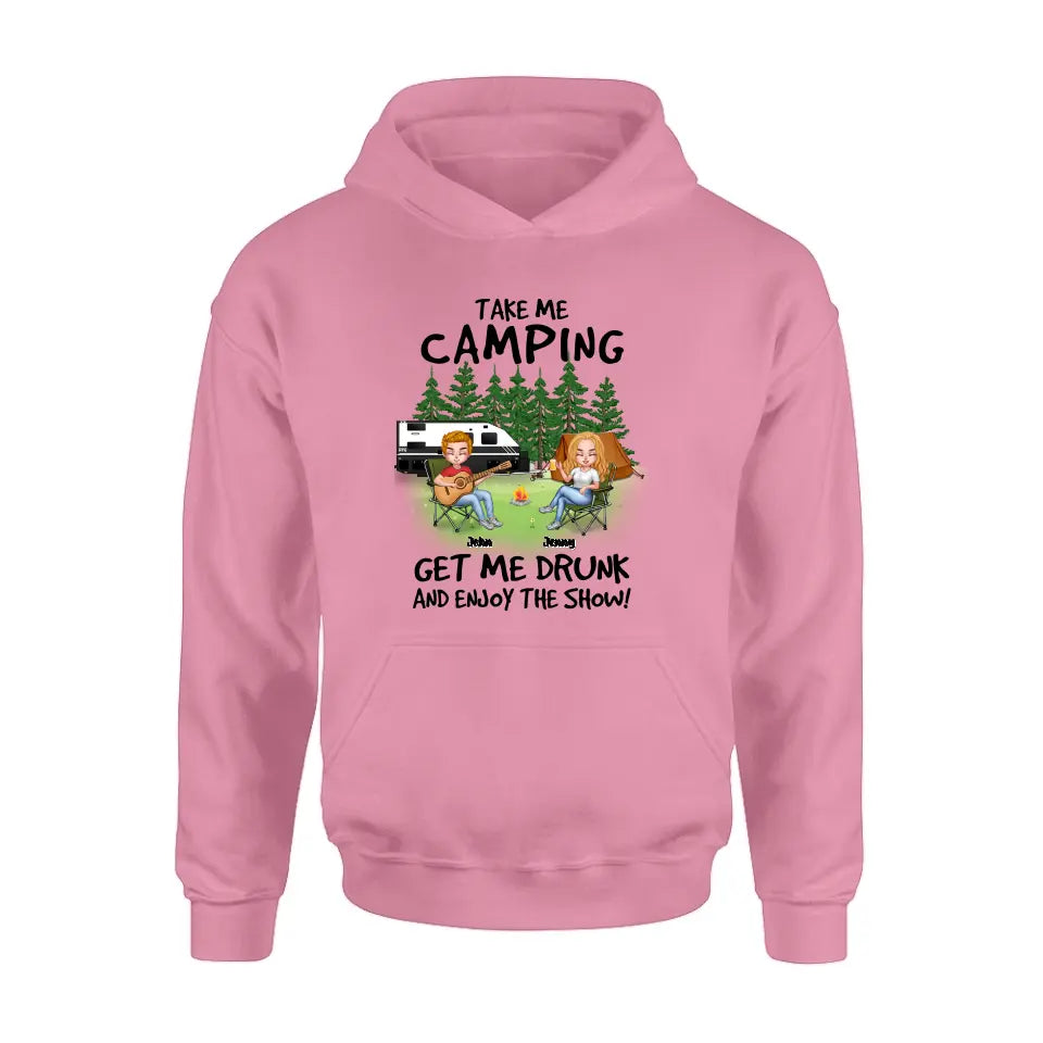 Personalized Camping Guitar Shirt/Hoodie - Up to 6 People - Gift Idea for Camping Lovers - Take Me Camping Get Me Drunk And Enjoy The Show!