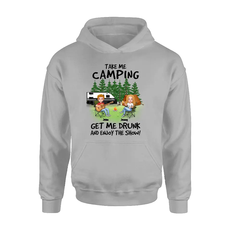 Personalized Camping Guitar Shirt/Hoodie - Up to 6 People - Gift Idea for Camping Lovers - Take Me Camping Get Me Drunk And Enjoy The Show!