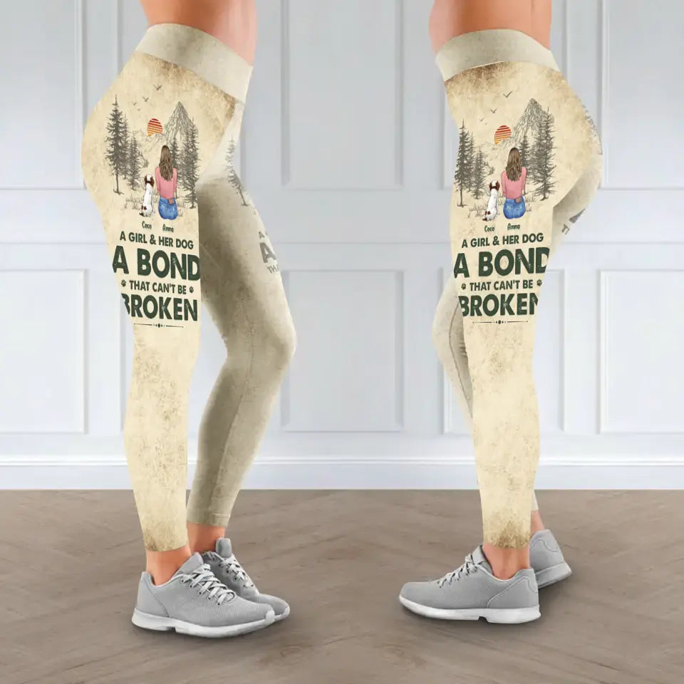 Personalized Dog Mom AOP Women's High Waist Leggings - Up to 4 Dogs - Gift Idea for Dog Lovers - A Girl & Her Dog A Bond That Can't Be Broken