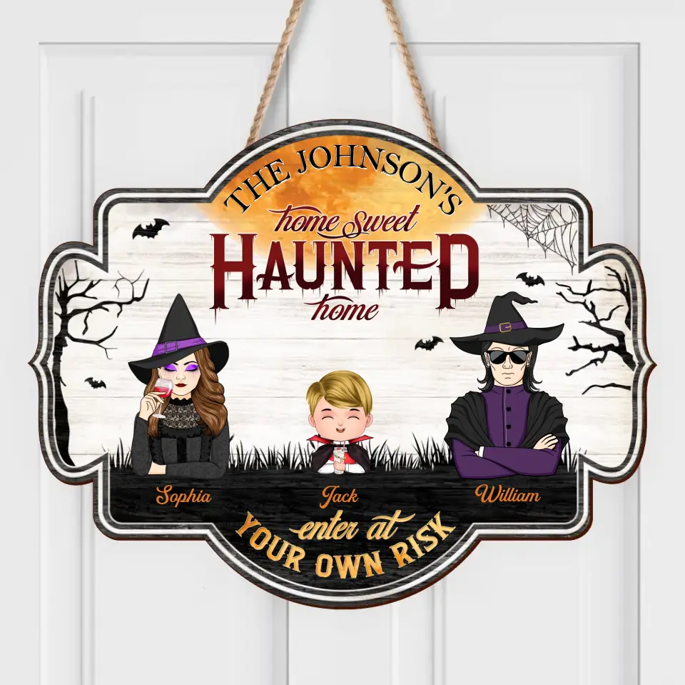 Personalized Witch Family Wooden Sign - Up to 4 Kids - Halloween Gift Idea for Family - Home Sweet Haunted Home