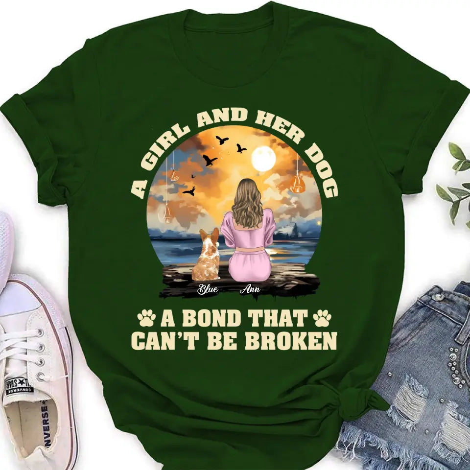 Personalized Dog Mom Shirt/Hoodie - Gift Idea for Dog Lover - Up to 4 Dogs -  A Girl And Her Dog A Bond That Can't Be Broken
