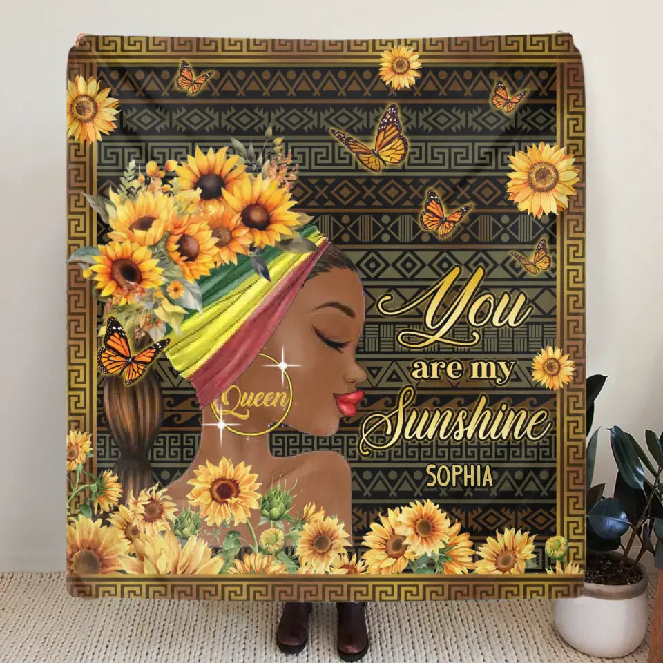 Personalized Sunflower Girl Fleece Throw Blanket/Quilt - Gift Idea for Black Girl/Black Woman/Afro Black Girl - You Are My Sunshine