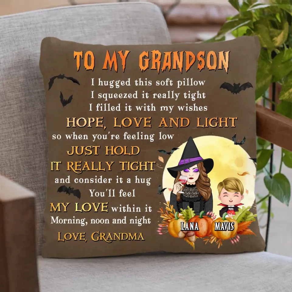 Personalized Grandma & Grandkid Witch Pillow Cover - Halloween Gift For Grandkid - To My Grandson I Hugged This Soft Pillow