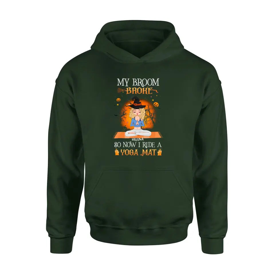 Personalized Witch Yoga Girl Shirt/Hoodie - Gift Idea For Witch Lover/Halloween - My Broom Broke So Now I Ride A Yoga Mat