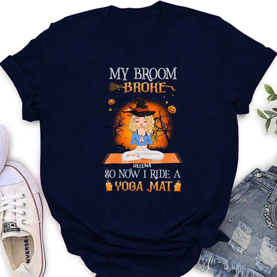 Personalized Witch Yoga Girl Shirt/Hoodie - Gift Idea For Witch Lover/Halloween - My Broom Broke So Now I Ride A Yoga Mat
