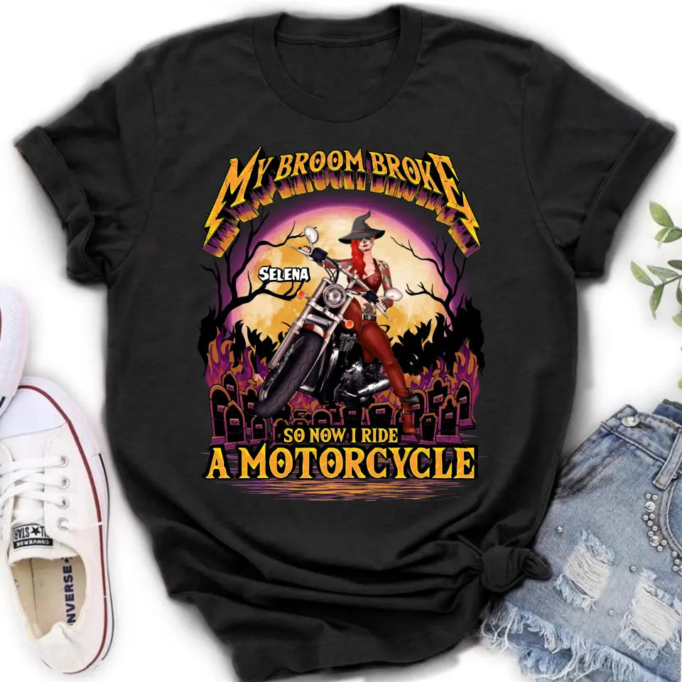Personalized Witch Biker Shirt/Hoodie - Up to 4 Dogs/Cats - Halloween Gift Idea For Bikers - My Broom Broke So Now I Ride A Motorcycle