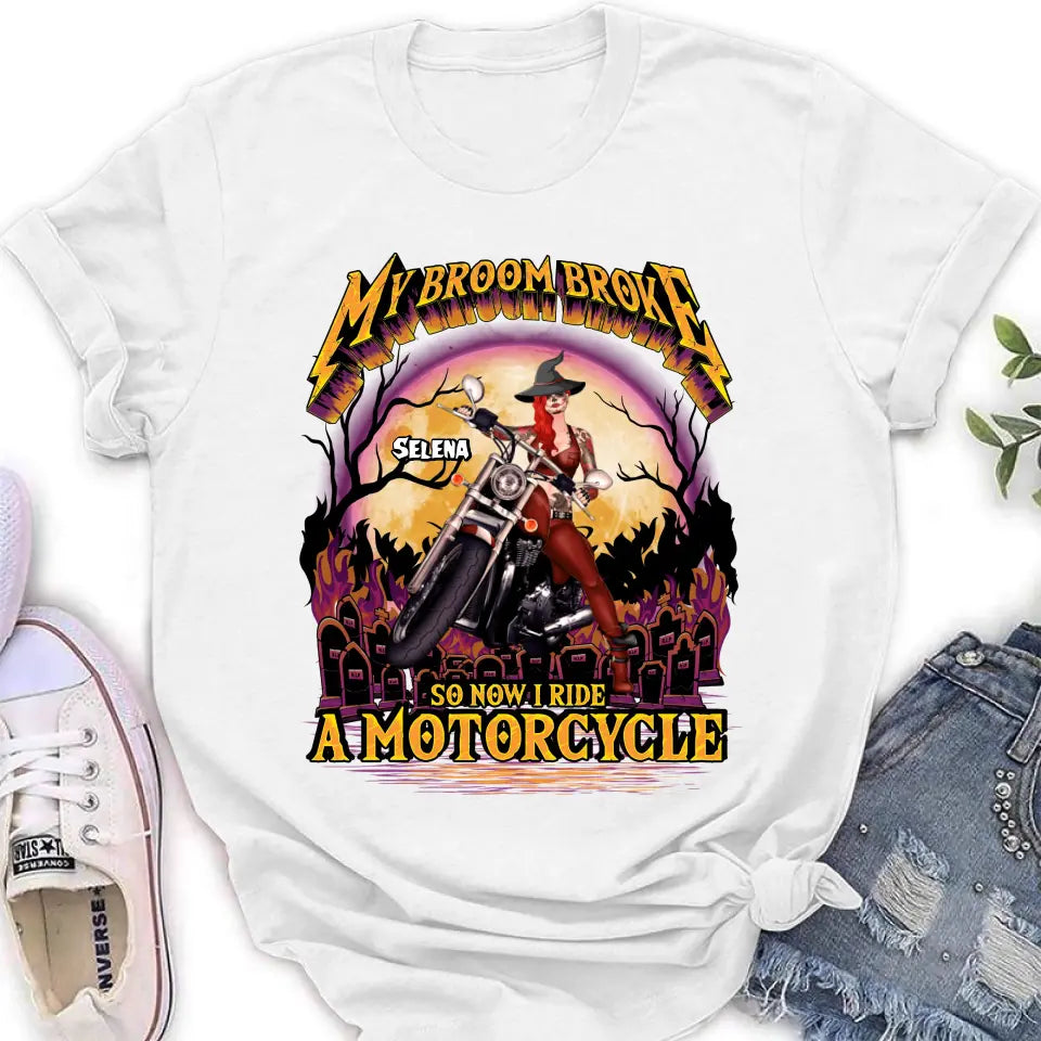 Personalized Witch Biker Shirt/Hoodie - Up to 4 Dogs/Cats - Halloween Gift Idea For Bikers - My Broom Broke So Now I Ride A Motorcycle