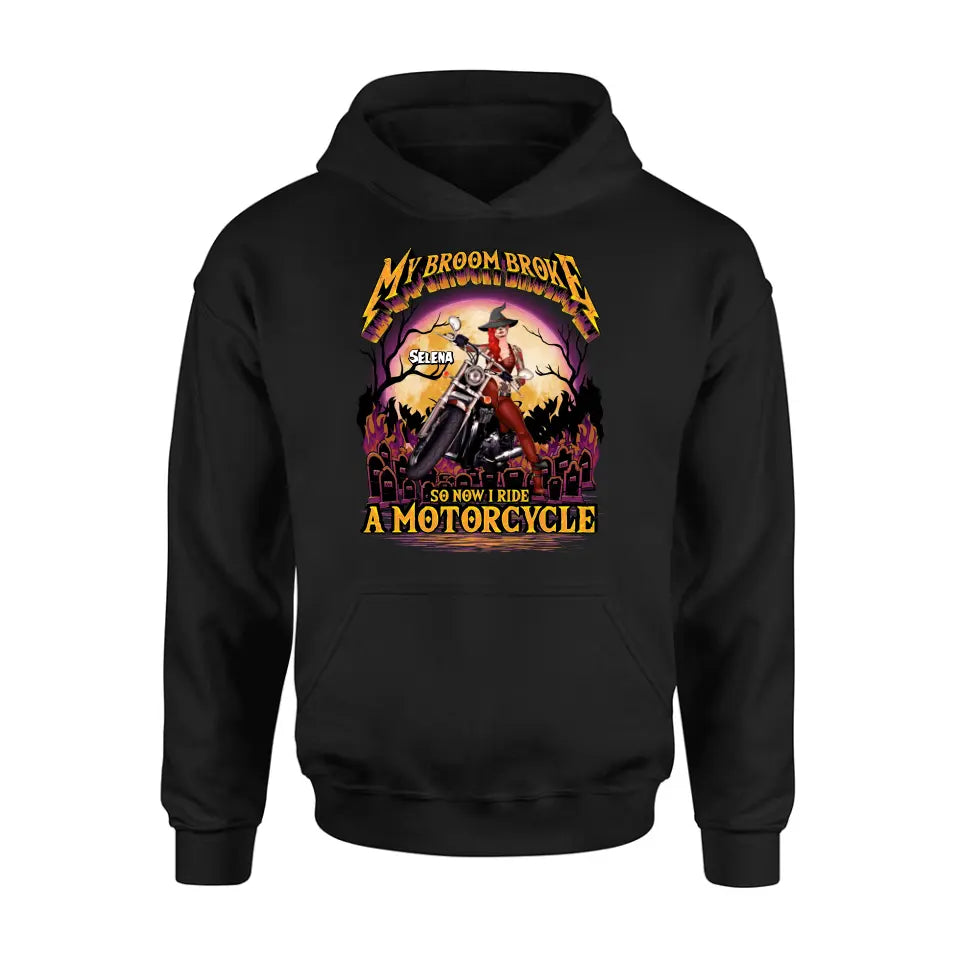 Personalized Witch Biker Shirt/Hoodie - Up to 4 Dogs/Cats - Halloween Gift Idea For Bikers - My Broom Broke So Now I Ride A Motorcycle