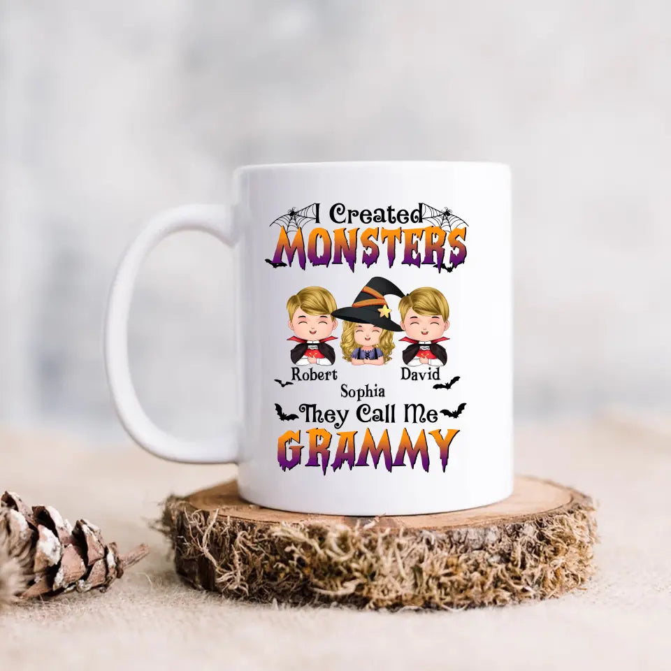 Personalized Grandma Coffee Mug - Halloween Gift Idea for Witch Lovers - Up to 3 Kids - I Created Monsters They Call Me Grammy