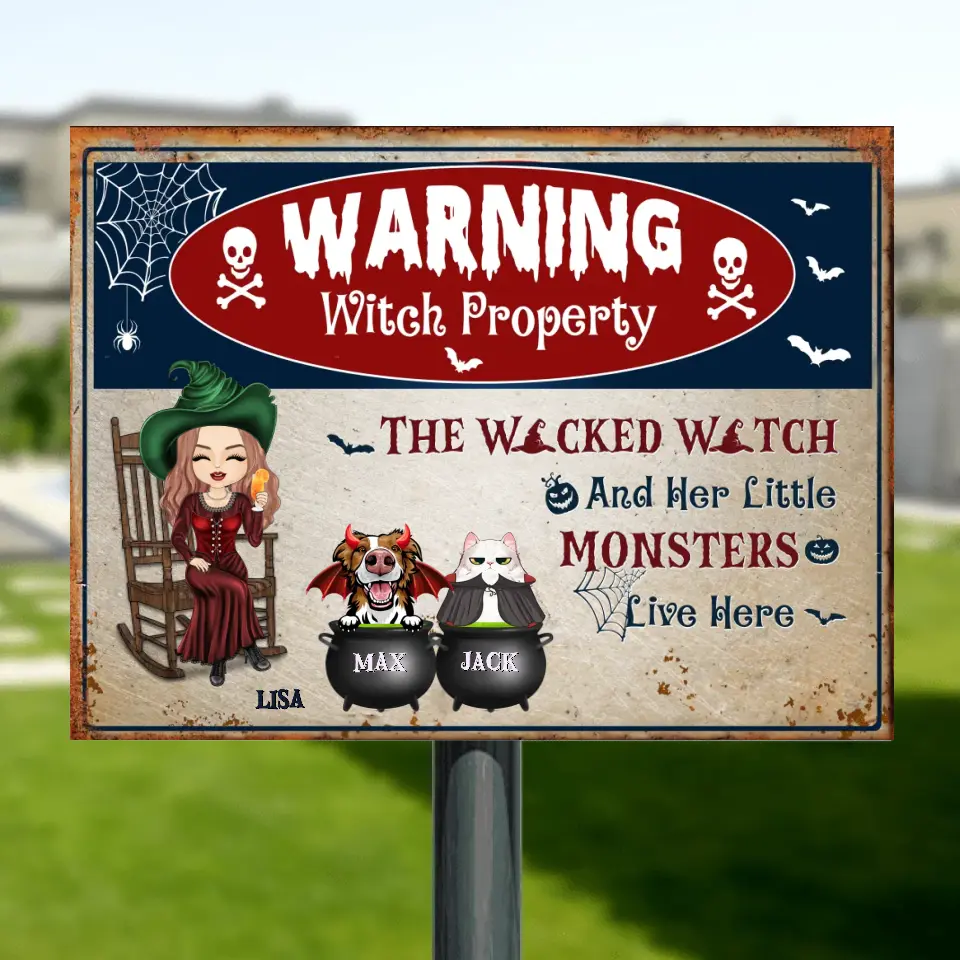 Personalized Witch Metal Sign - Halloween Gift Idea for Pet Lovers - Up to 2 Pets - The Wicked Witch And Her Little Monsters Live Here