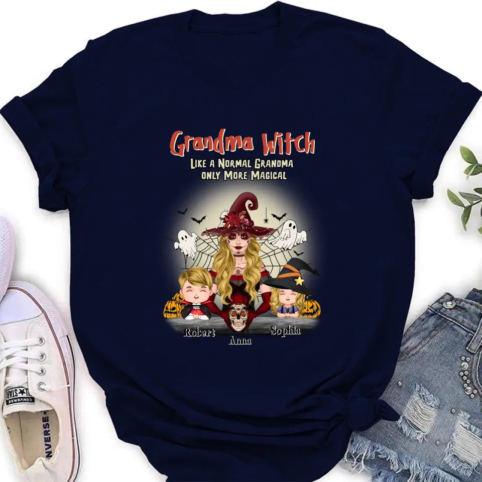 Personalized Grandma Witch Shirt/Hoodie - Gift Idea For Halloween - Up to 2 Kids - Grandma Witch Like A Normal Grandma Only More Magical