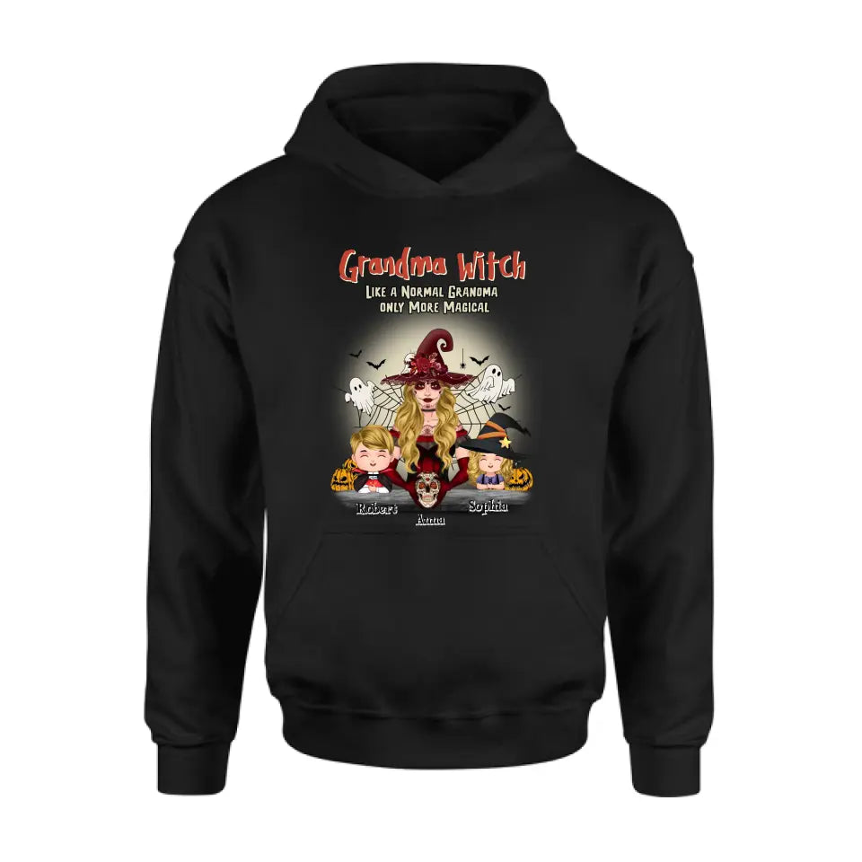 Personalized Grandma Witch Shirt/Hoodie - Gift Idea For Halloween - Up to 2 Kids - Grandma Witch Like A Normal Grandma Only More Magical