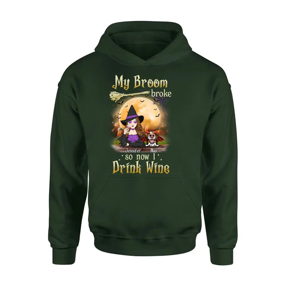 Personalized Witch Pet Mom T-shirt/Hoodie - Up to 3 Pets - Halloween Gift For Cat/Dog Mom - My Broom Broke So Now I Drink Wine