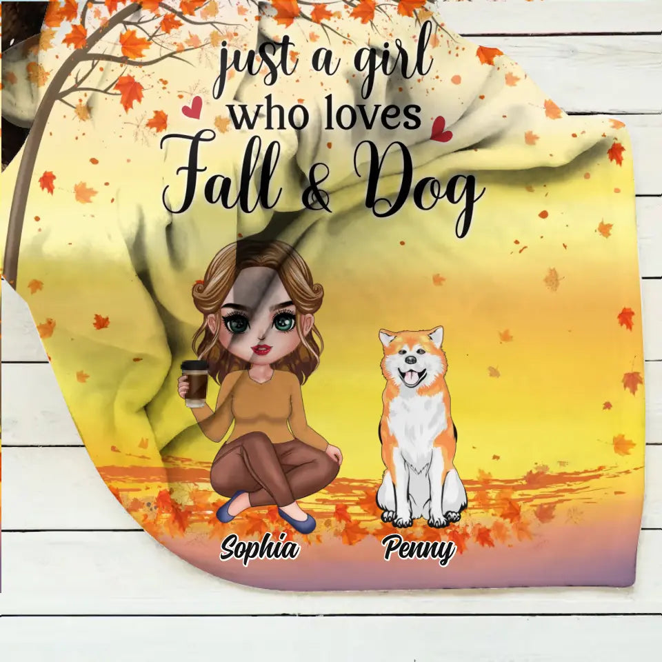 Personalized Dog Mom Fleece Throw Blanket/Quilt - Up to 4 Dogs - Gift Idea for Dog Lovers/Autumn Gift - Just A Girl Who Loves Fall & Dogs