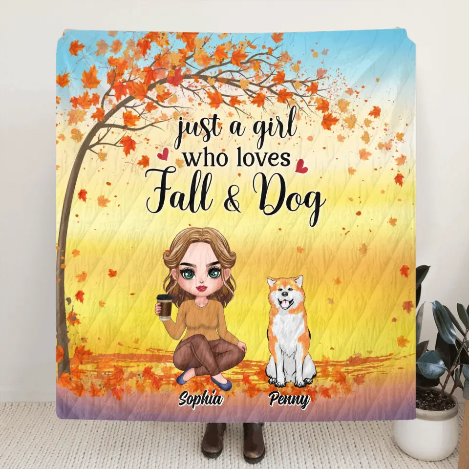 Personalized Dog Mom Fleece Throw Blanket/Quilt - Up to 4 Dogs - Gift Idea for Dog Lovers/Autumn Gift - Just A Girl Who Loves Fall & Dogs
