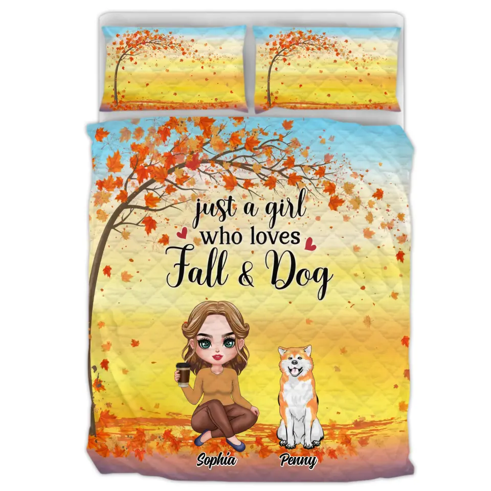 Personalized Dog Mom Quilt Bed Sets - Up to 4 Dogs - Gift for Dog Lovers/Autumn Gift - Just A Girl Who Loves Fall & Dogs