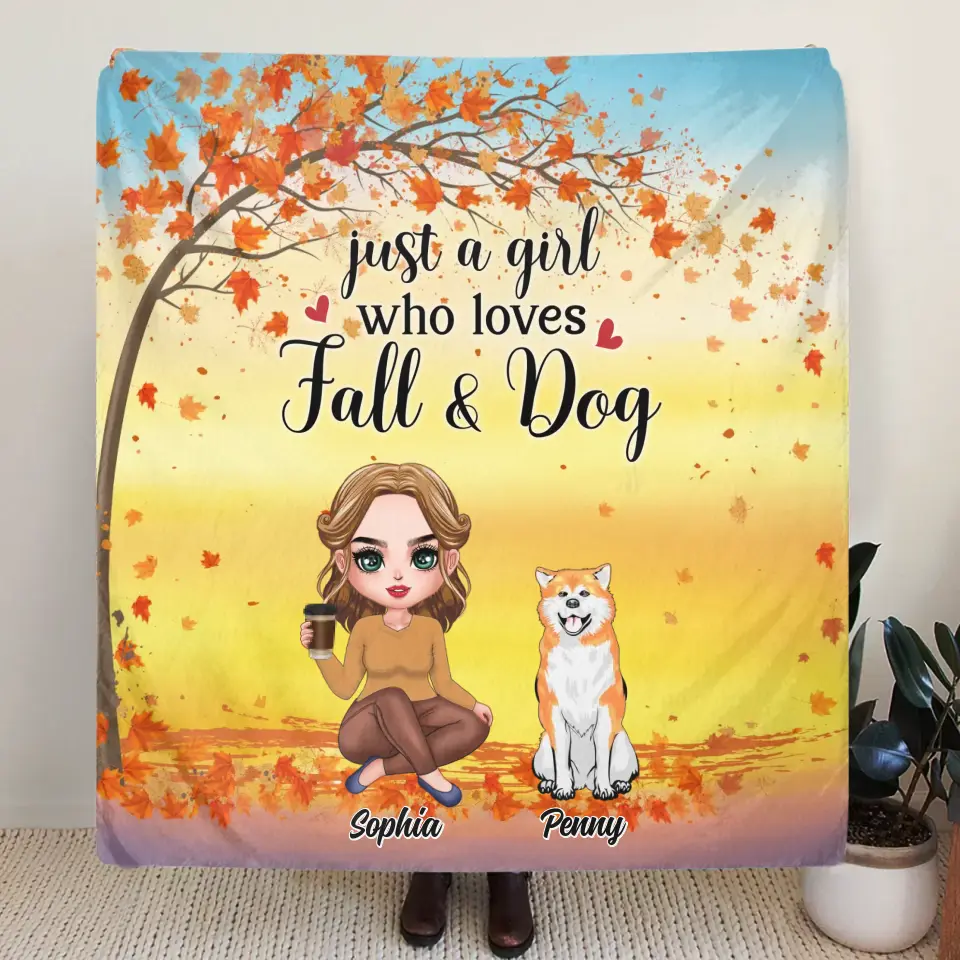 Personalized Dog Mom Fleece Throw Blanket/Quilt - Up to 4 Dogs - Gift Idea for Dog Lovers/Autumn Gift - Just A Girl Who Loves Fall & Dogs