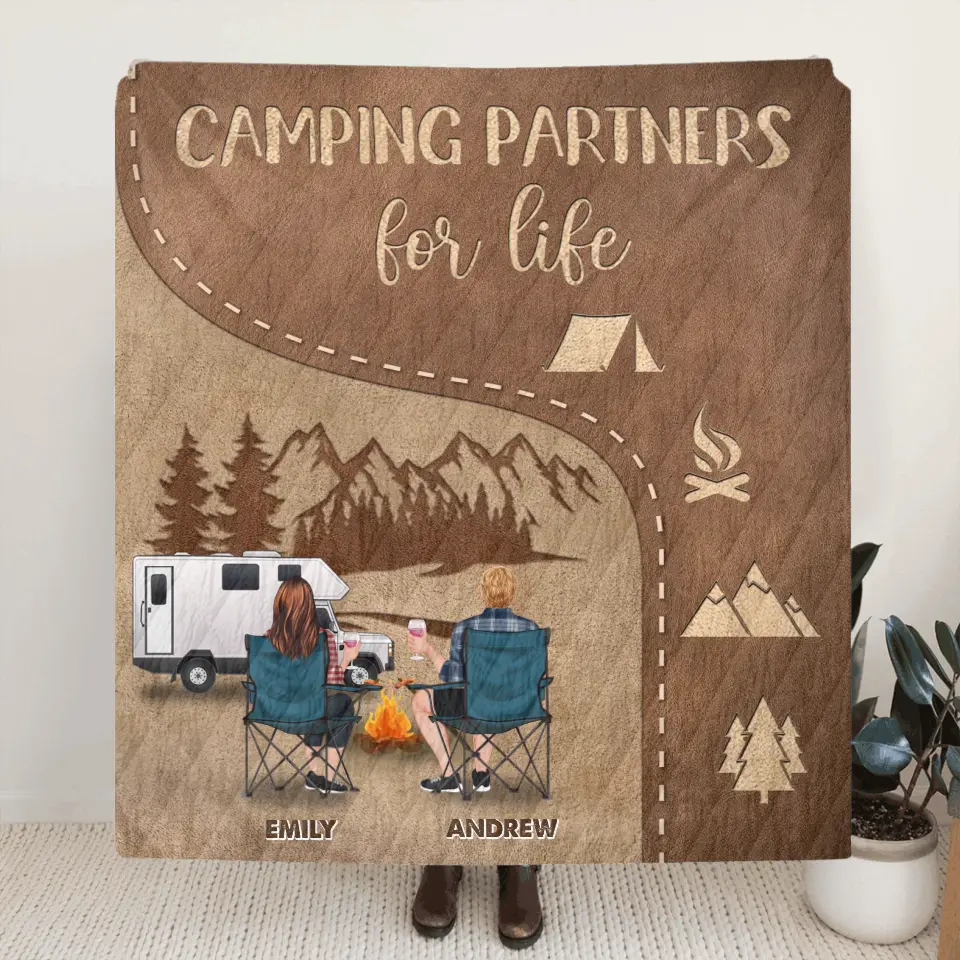 Personalized Camping Couple Fleece Throw Blanket/Quilt - Gift Idea For Couple/Camping Lover - Camping Partners For Life