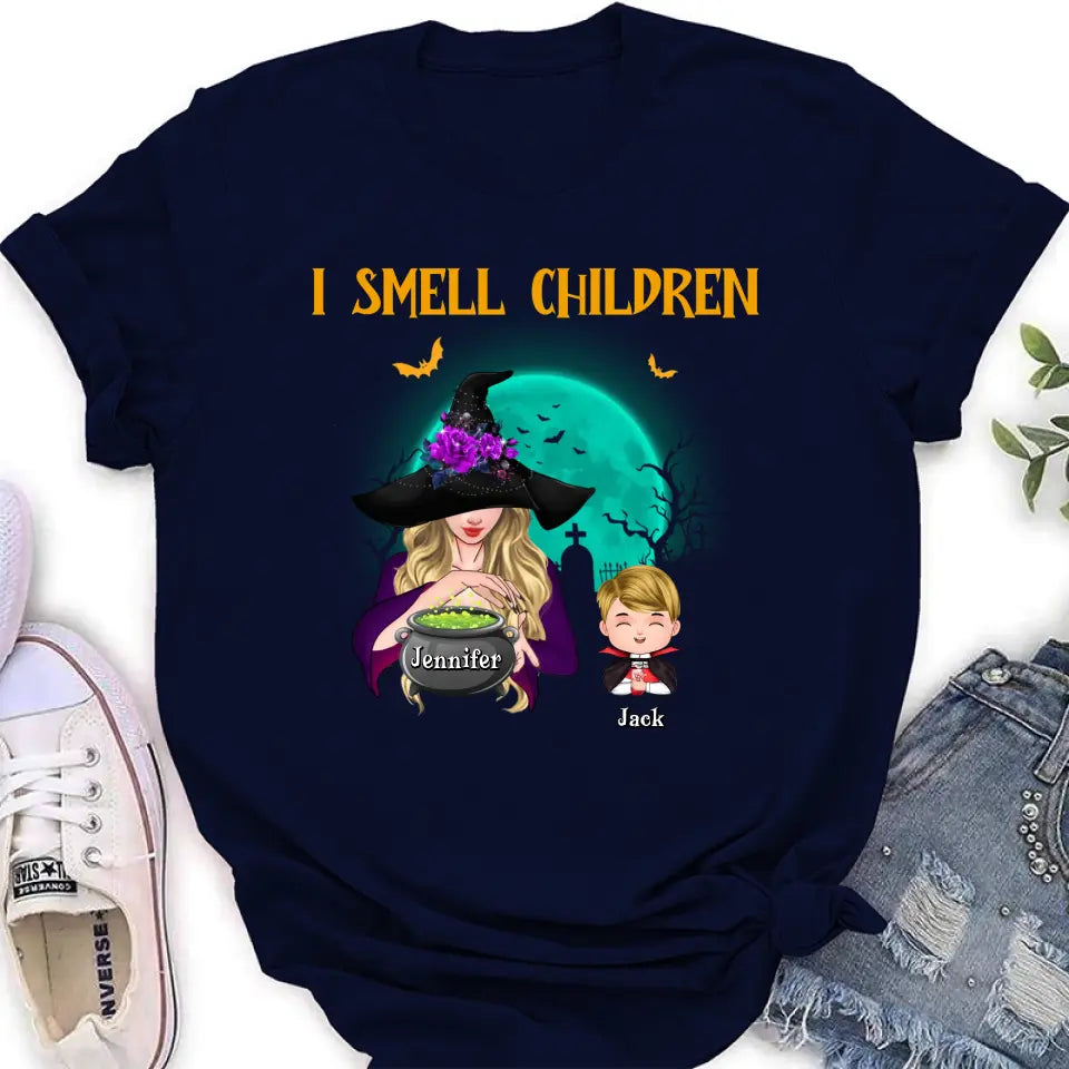 Personalized Witch Shirt/Hoodie - Halloween Gift Idea For Grandma/Mother - Woman With Up to 6 Kids - I Smell Children