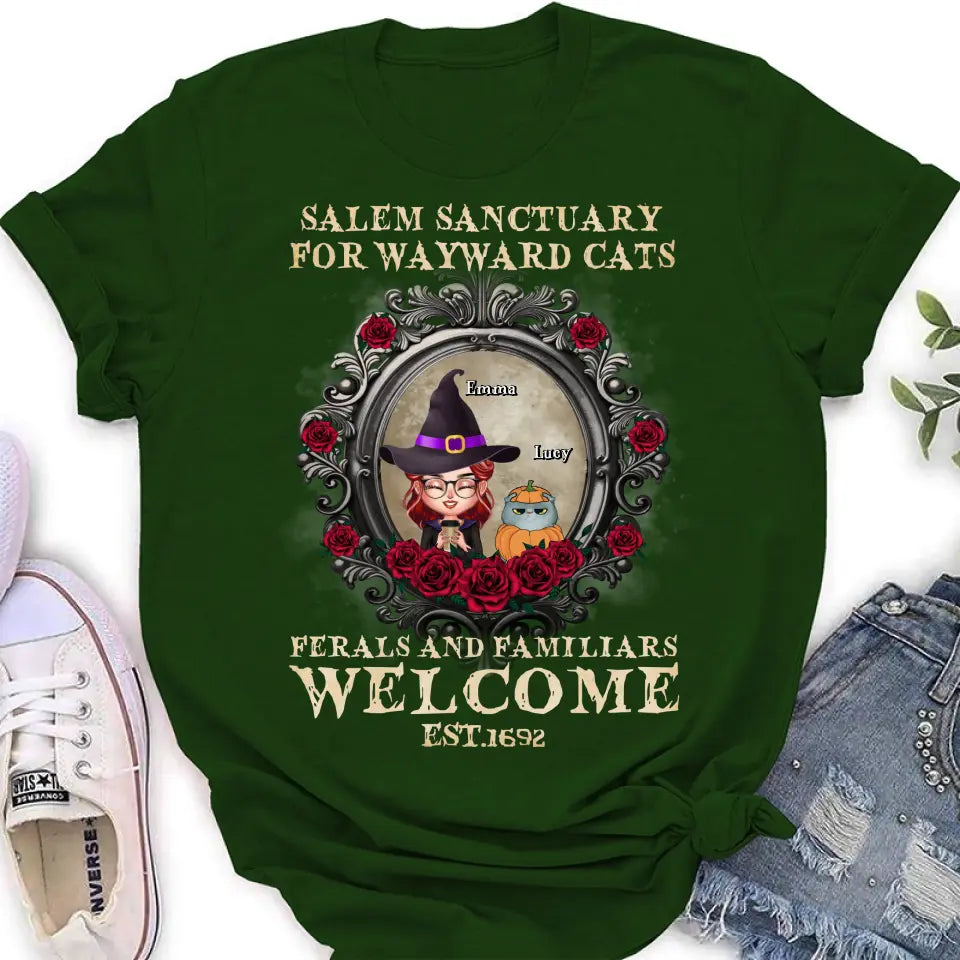 Personalized Halloween Cat Mom Shirt/Hoodie - Up to 4 Cats - Gift Idea For Cat Lovers - Salem Sanctuary for Wayward Cats Ferals and Familiars Welcome