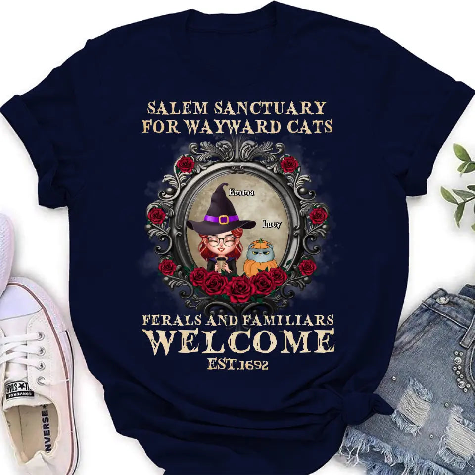 Personalized Halloween Cat Mom Shirt/Hoodie - Up to 4 Cats - Gift Idea For Cat Lovers - Salem Sanctuary for Wayward Cats Ferals and Familiars Welcome