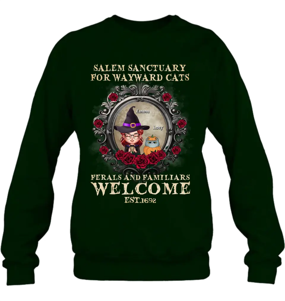 Personalized Halloween Cat Mom Shirt/Hoodie - Up to 4 Cats - Gift Idea For Cat Lovers - Salem Sanctuary for Wayward Cats Ferals and Familiars Welcome