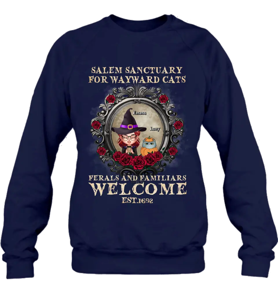 Personalized Halloween Cat Mom Shirt/Hoodie - Up to 4 Cats - Gift Idea For Cat Lovers - Salem Sanctuary for Wayward Cats Ferals and Familiars Welcome