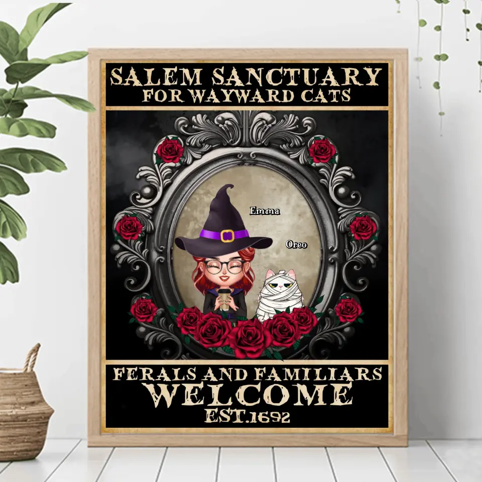 Personalized Halloween Cat Mom Poster - Up to 4 Cats - Halloween Gift For Cat Lovers/Wiccan Decor/Pagan Decor/Wall Art Wicked Witch - Salem Sanctuary For Wayward Cats