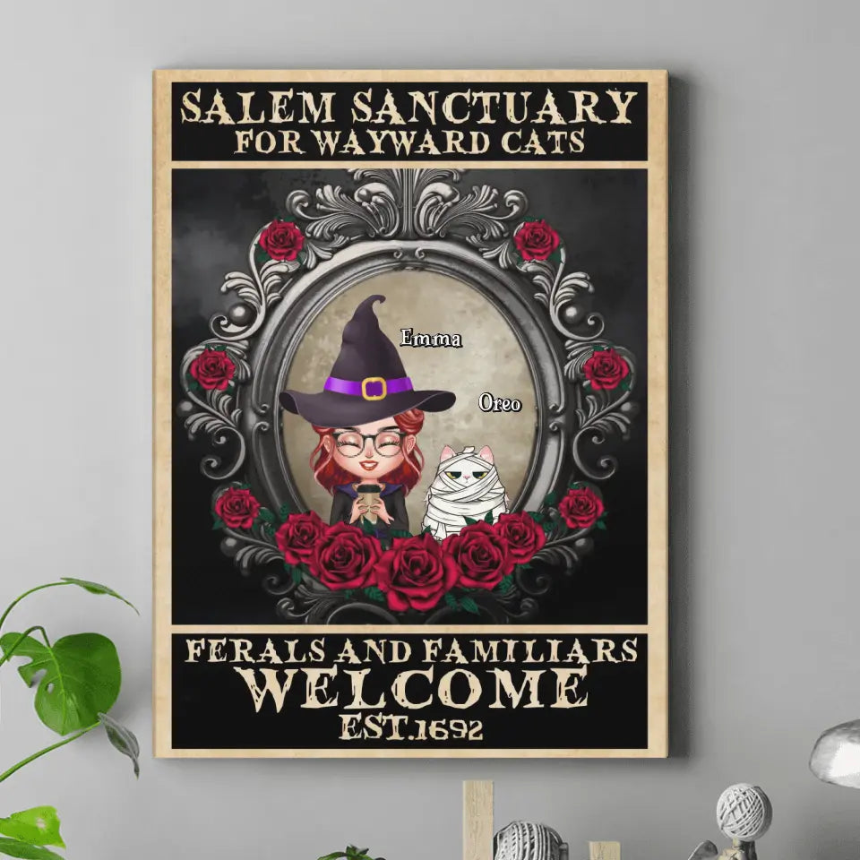 Personalized Halloween Cat Mom Canvas - Up to 4 Cats - Halloween Gift For Cat Lovers/Wiccan Decor/Pagan Decor/Wall Art Wicked Witch - Salem Sanctuary For Wayward Cats