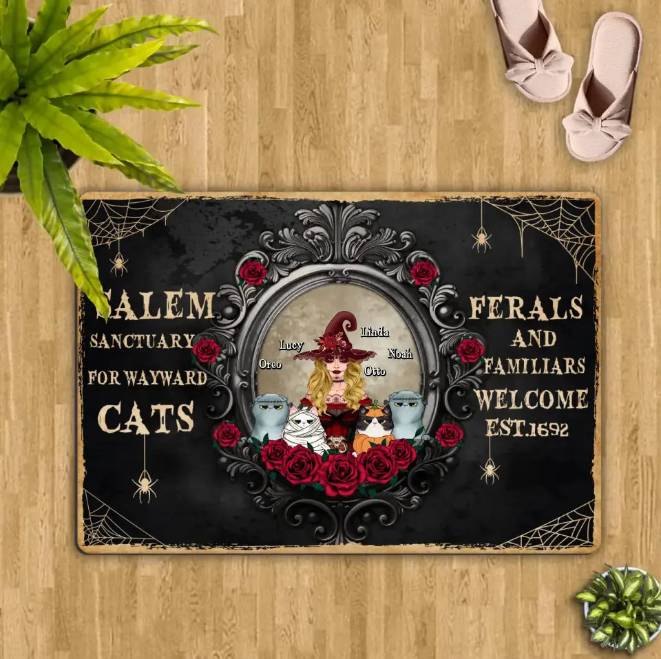 Personalized Halloween Cat Witch Doormat - Up to 4 Cats - Halloween Gift For Cat Lovers/Wiccan Decor/Pagan Decor - Salem Sanctuary For Wayward Cats