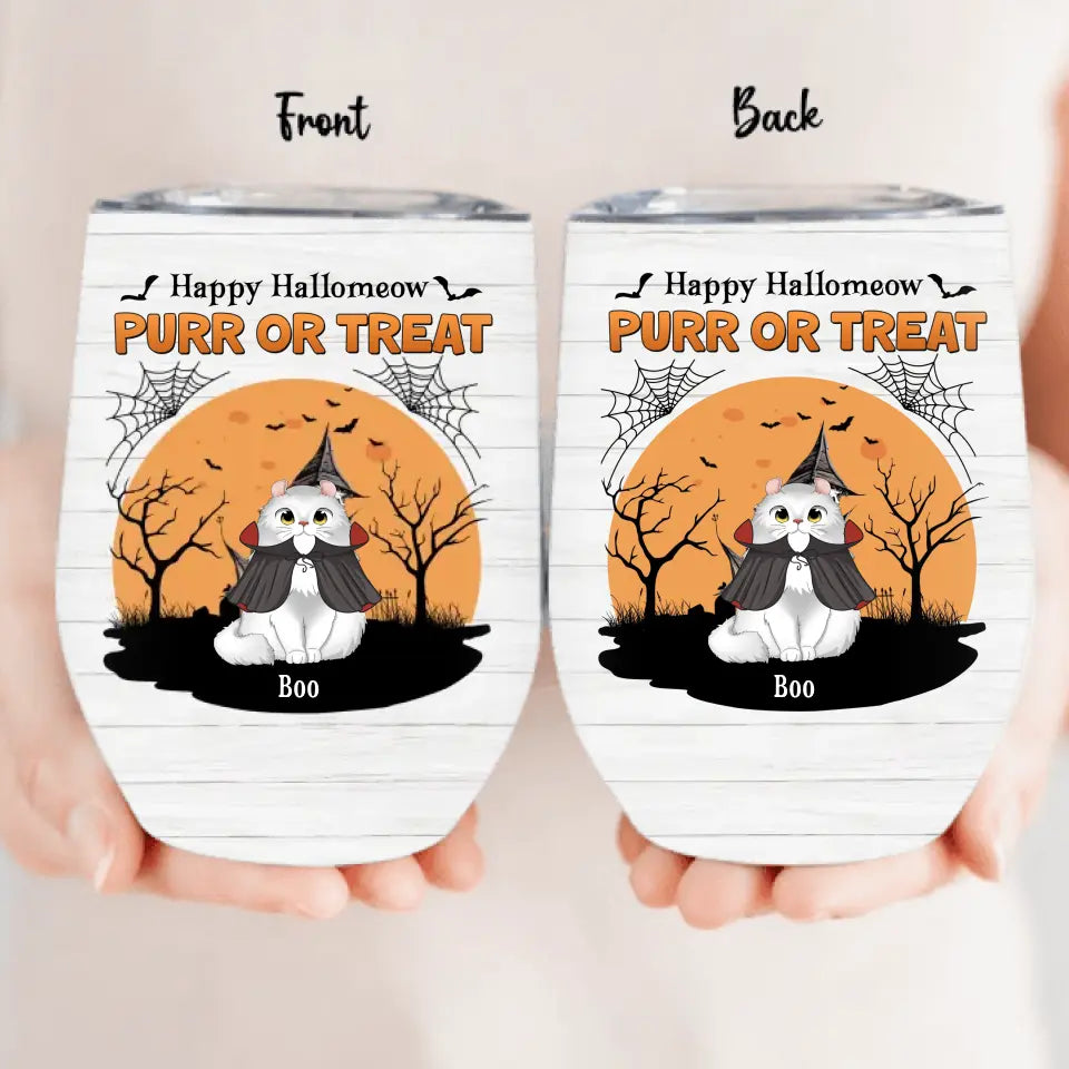 Personalized Meowloween Wine Tumbler - Up to 6 Cats - Halloween Gift Idea for Cat Lovers - Happy Hallomeow