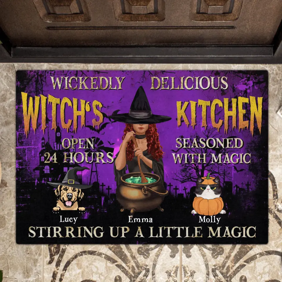 Personalized Witch Doormat - Halloween/Witch/Pagan/Wicca Decor/Pet Lovers Gift With Up to 6 Pets - Wickedly Delicious Witch's Kitchen